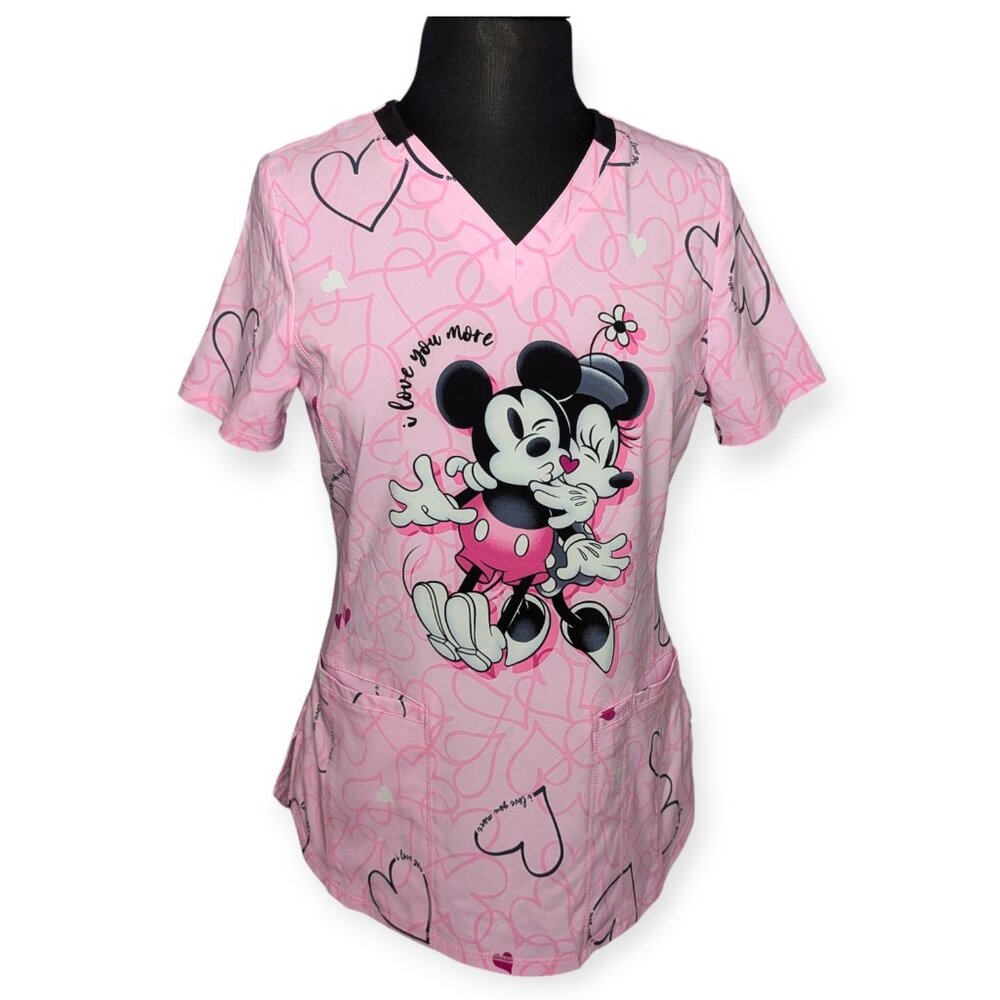 Cherokee Infinity Love You More Pink Disney Mickey & Minnie Mouse Scrub Top Sm - Picture 1 of 14